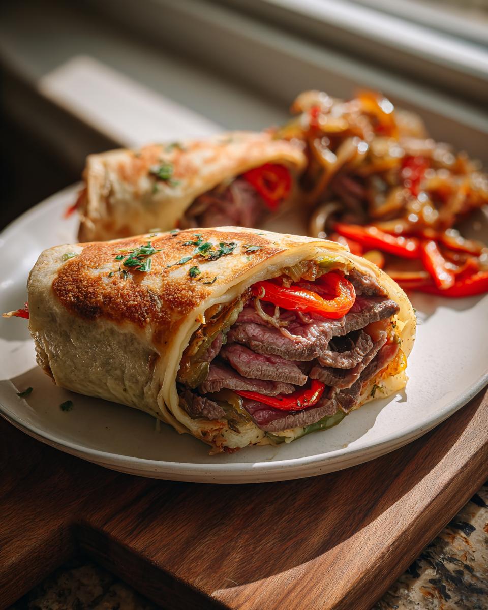 Cross-section of a grilled Cheesesteak Roll-Up Meal Prep filled with sliced steak, red peppers, and onions.
