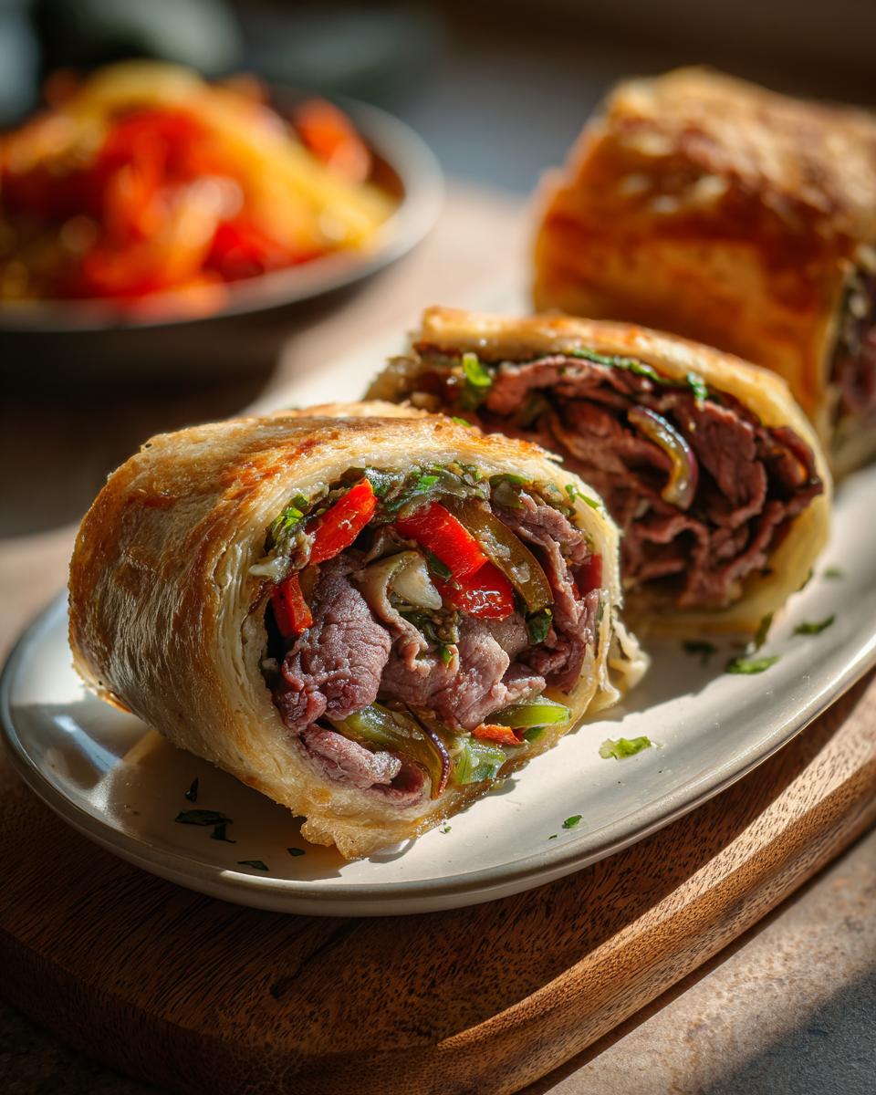 Two halves of a golden-brown Cheesesteak Roll-Up Meal Prep, showing layers of steak, peppers, and onions inside.