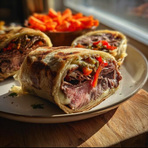 Close-up of a sliced Cheesesteak Roll-Up Meal Prep showing steak, melted cheese, and peppers inside a grilled tortilla.