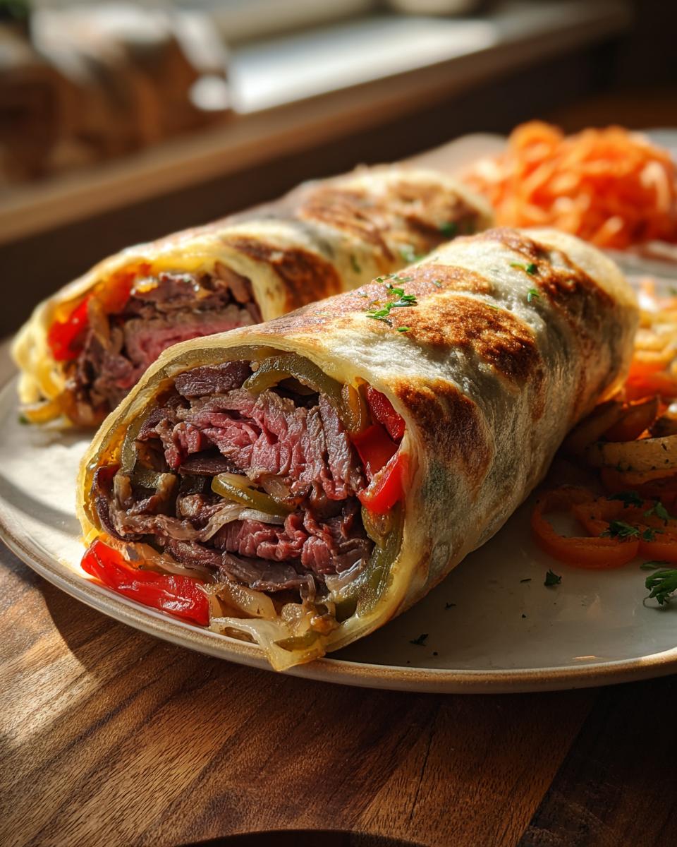 Two grilled Cheesesteak Roll-Up Meal Prep wraps sliced open, revealing medium-rare steak, peppers, and onions.