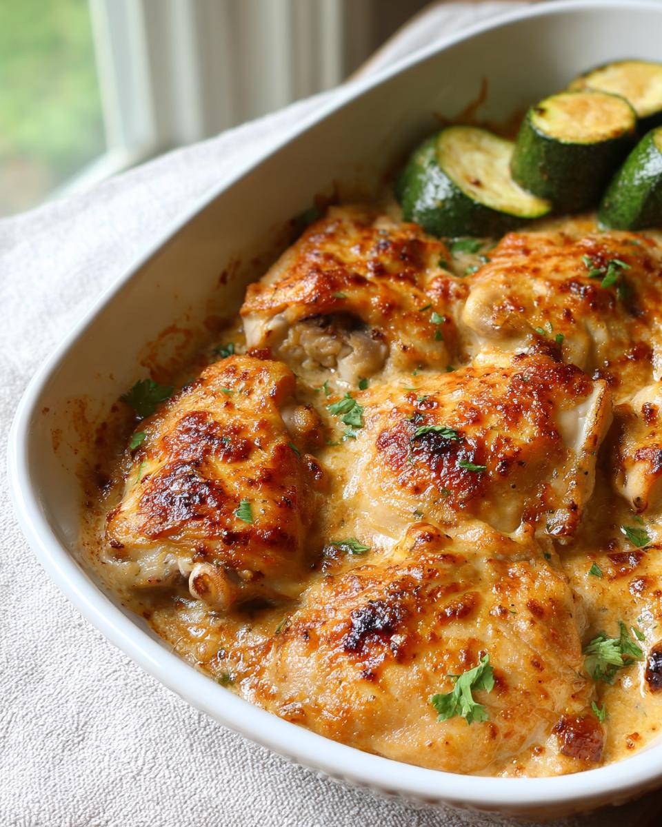 Close-up of cheesy baked chicken thighs in a white casserole dish, part of a Keto Chicken Family Dinner.