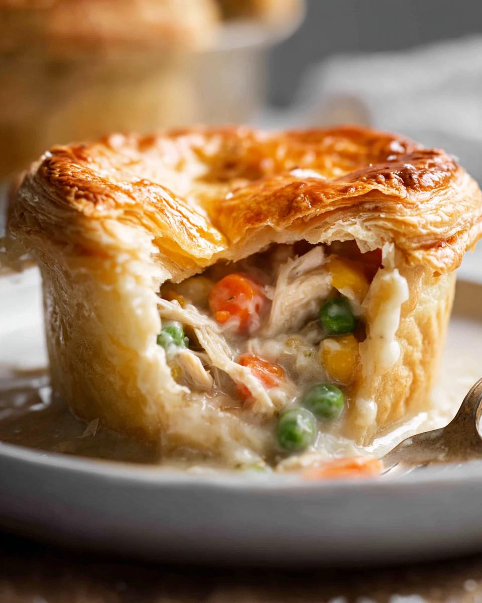 A close-up of a single-serving Chicken Pot Pie with Puff Pastry, showing the flaky crust broken open to reveal creamy filling, chicken, peas, and carrots.