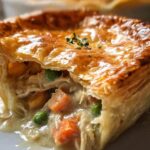 Close-up of a single-serving Chicken Pot Pie with Puff Pastry, showing the flaky crust and creamy filling spilling out.