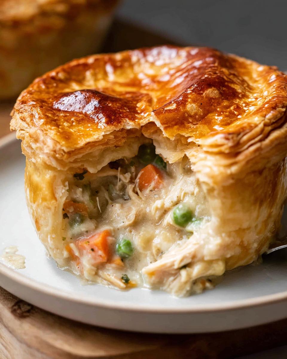 A close-up showing the flaky, golden crust broken open on a Chicken Pot Pie with Puff Pastry, revealing creamy chicken and vegetable filling.