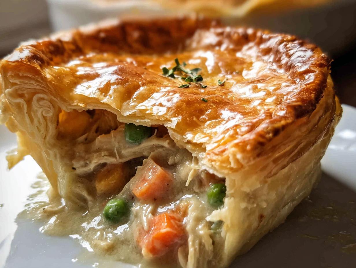 Close-up of a single-serving Chicken Pot Pie with Puff Pastry, showing the flaky crust and creamy filling spilling out.