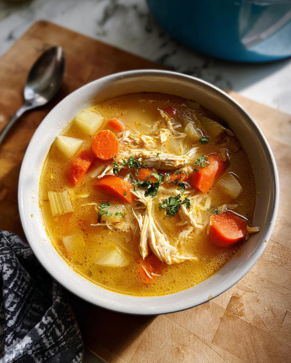 A close-up of a bowl of rich Chicken Soup for Fall Dinners, featuring shredded chicken, carrots, and potatoes.