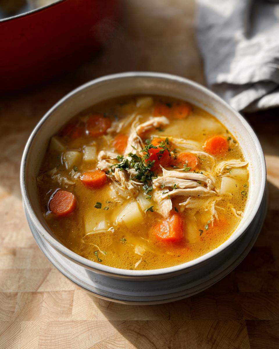 A close-up of a bowl of rich, golden Chicken Soup for Fall Dinners with shredded chicken, carrots, and potatoes.