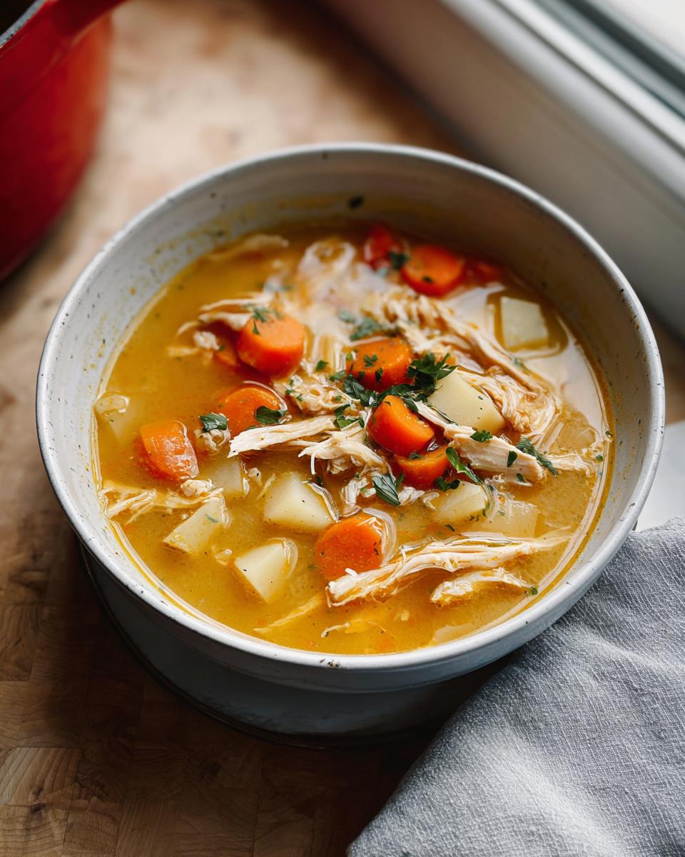 A bowl of rich, golden Chicken Soup for Fall Dinners, filled with shredded chicken, carrots, and potatoes, garnished with parsley.