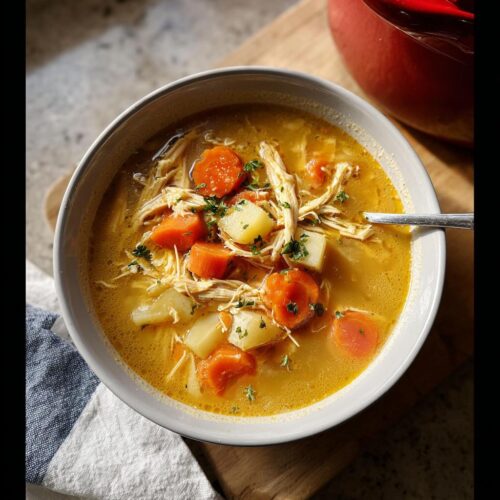 A close-up overhead view of a bowl of Chicken Soup for Fall Dinners, featuring shredded chicken, carrots, and potatoes in a rich broth.