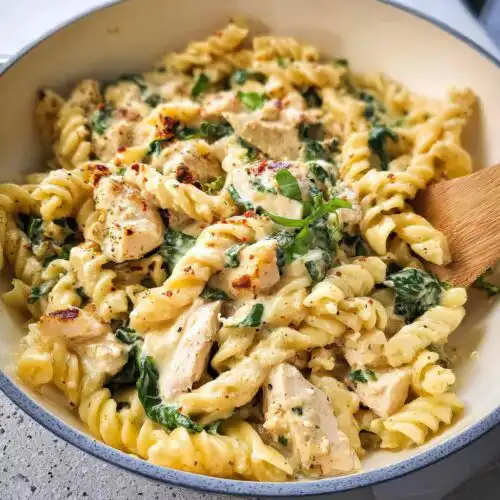 Close-up of creamy Chicken Spinach Protein Pasta with rotini, chunks of chicken, and wilted spinach being stirred with a wooden spoon.