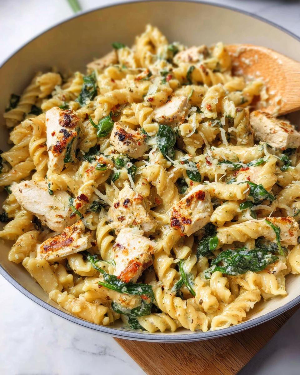 Close-up of creamy Chicken Spinach Protein Pasta with grilled chicken pieces and grated cheese.