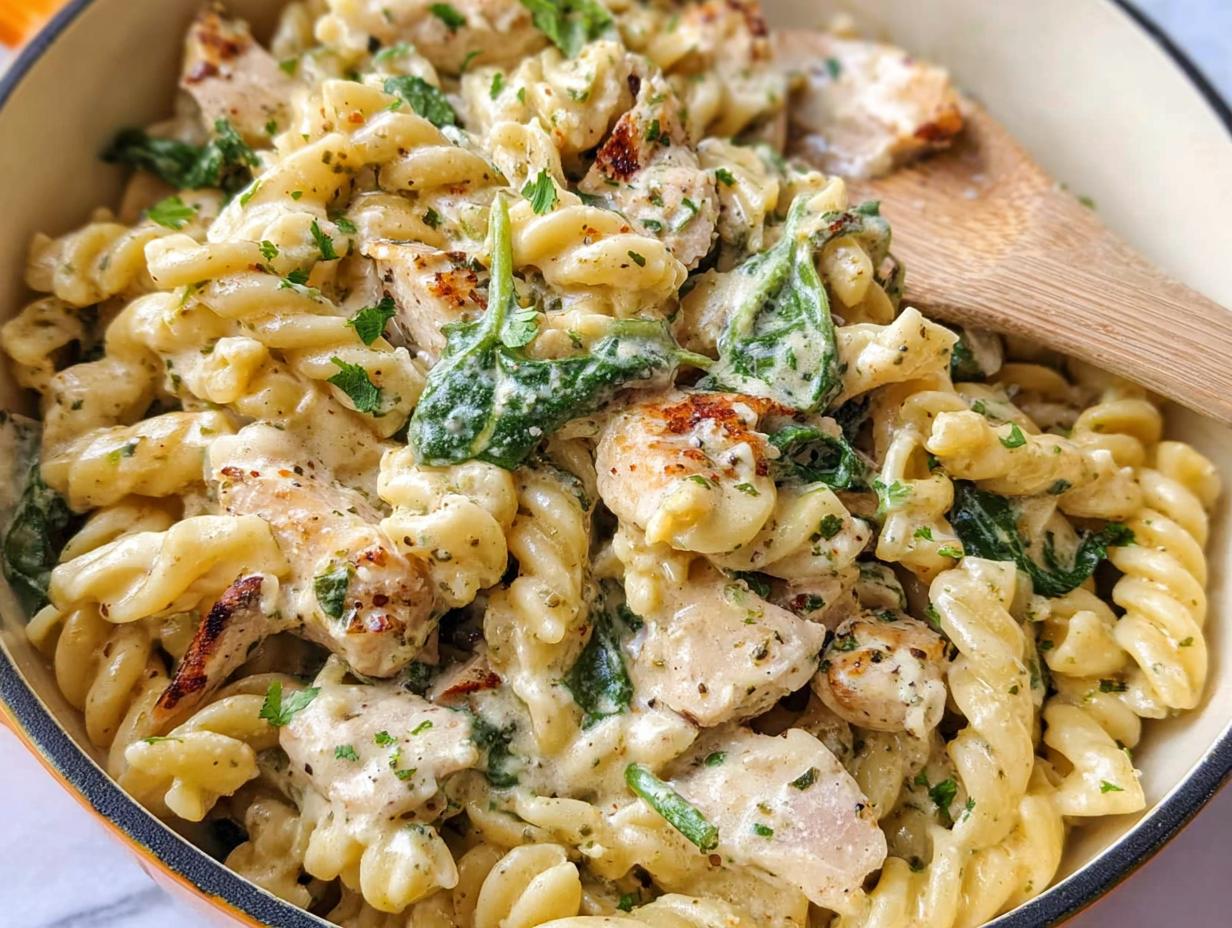 Close-up of creamy Chicken Spinach Protein Pasta with fusilli, chicken pieces, and wilted spinach.