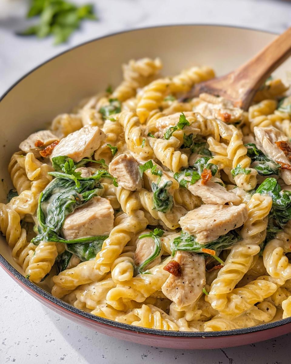 Close-up of creamy Chicken Spinach Protein Pasta with fusilli, chicken pieces, and wilted spinach in a skillet.