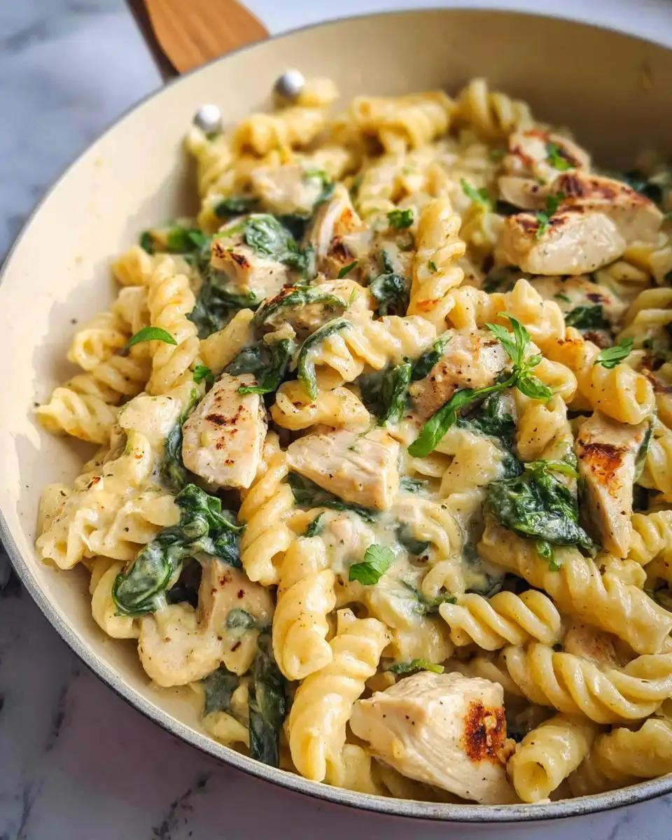 Close-up of Chicken Spinach Protein Pasta made with fusilli pasta in a creamy sauce.
