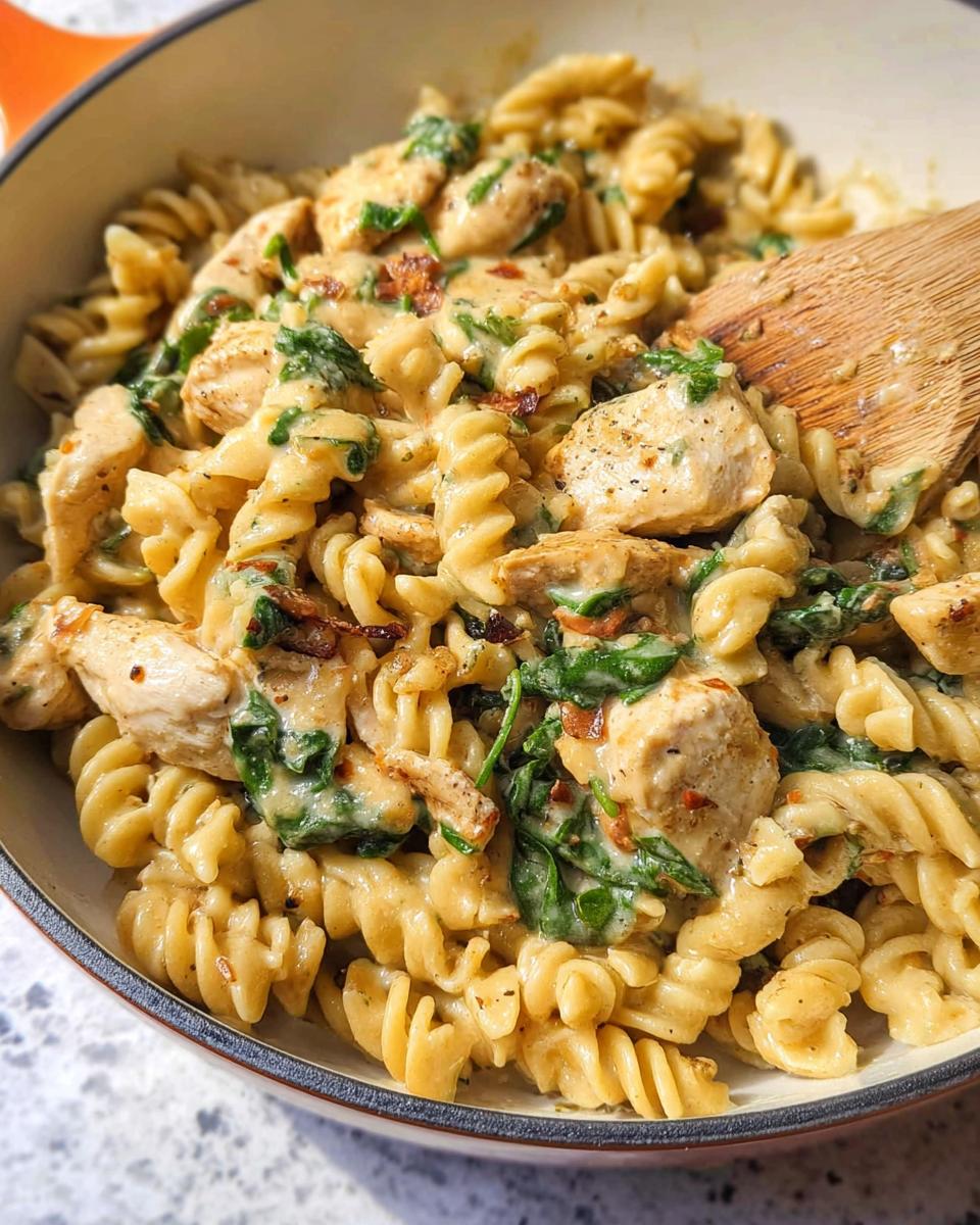 Close-up of Chicken Spinach Protein Pasta with rotini noodles, chunks of chicken, and wilted spinach in a creamy sauce.