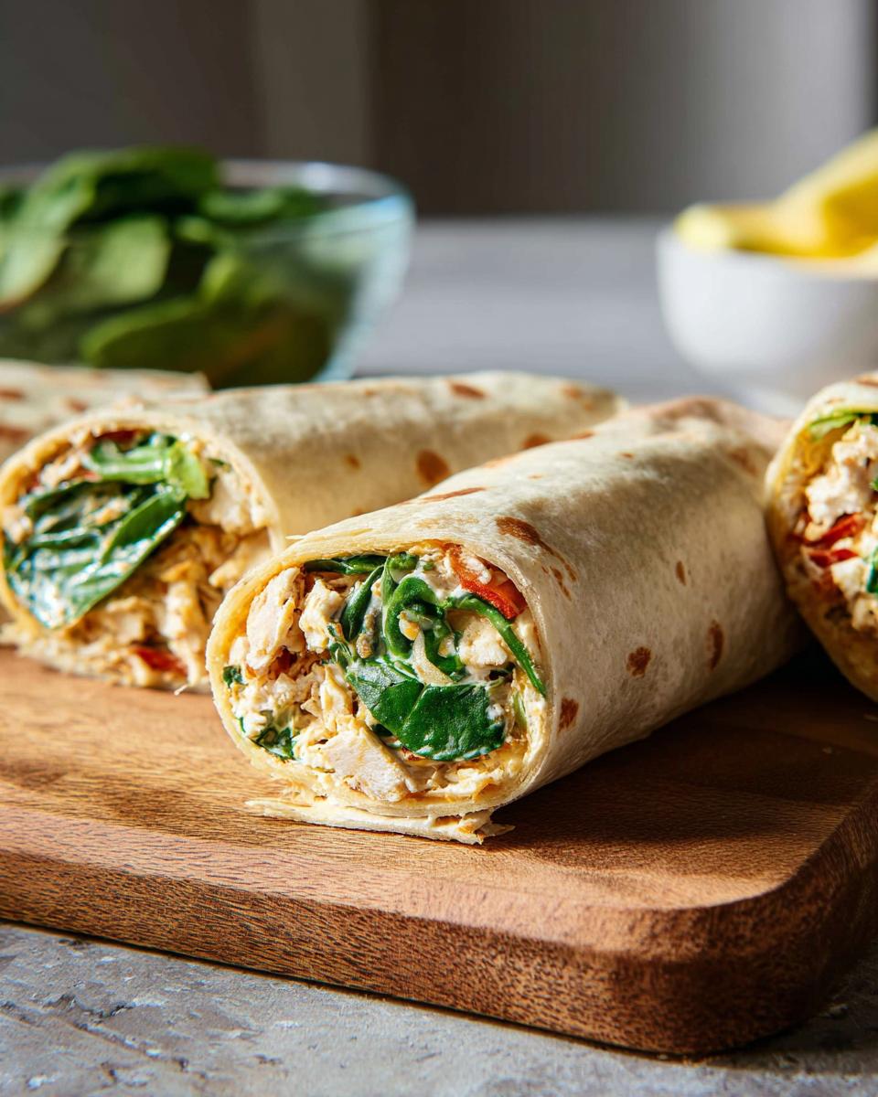 Close-up of several Chicken & Spinach Wrap halves filled with creamy chicken and fresh spinach, resting on a wooden board.
