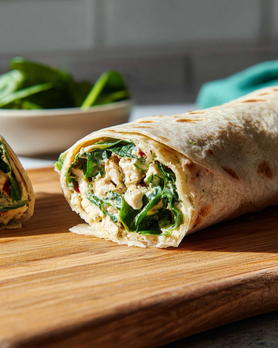 A cross-section view of a tightly rolled Chicken & Spinach Wrap filled with creamy chicken chunks and vibrant green spinach.