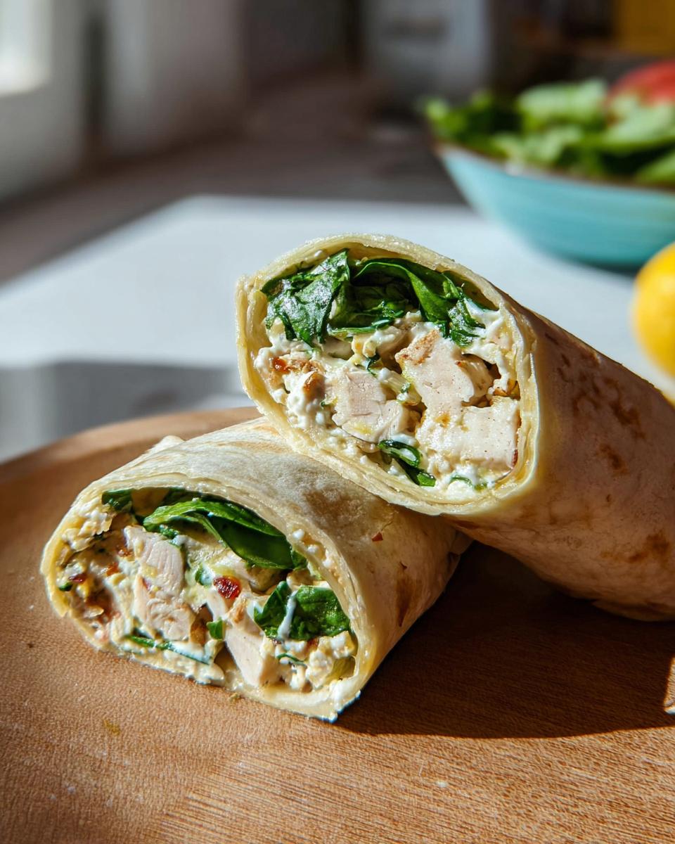 A Chicken & Spinach Wrap cut in half, showing chunks of chicken, creamy filling, and fresh spinach inside a tortilla.
