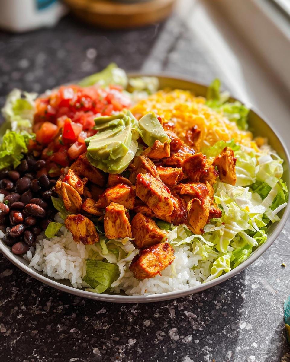 A vibrant Chicken Taco Bowl featuring seasoned chicken, rice, black beans, lettuce, salsa, cheese, and avocado slices.