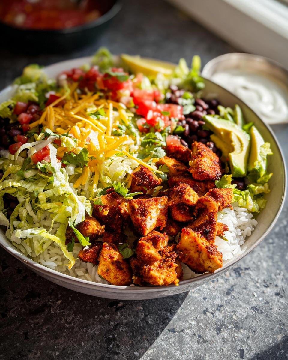 A vibrant Chicken Taco Bowl featuring seasoned chicken pieces over rice, topped with lettuce, black beans, salsa, and shredded cheese.