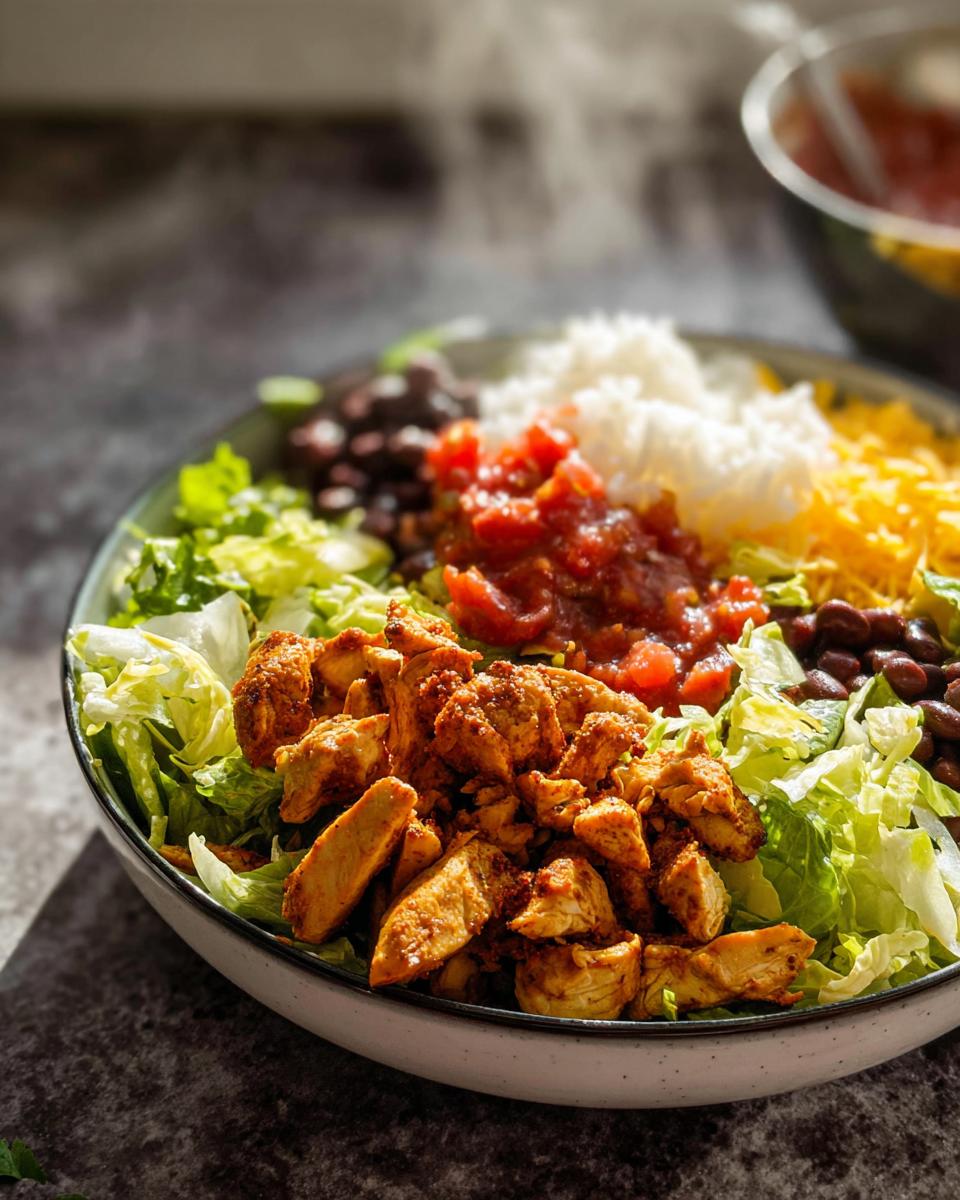 Close-up of a freshly assembled Chicken Taco Bowl featuring seasoned chicken, rice, black beans, salsa, and lettuce.