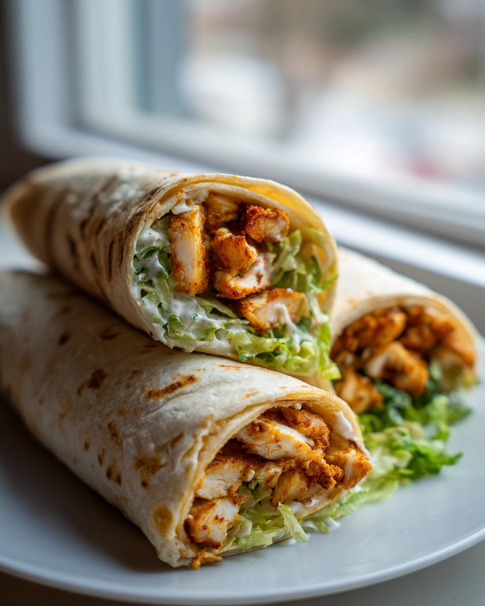 Two halves of savory Chicken Tender Garlic Wraps filled with seasoned chicken, lettuce, and creamy sauce.