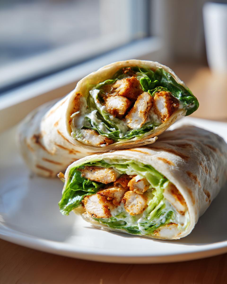 Two halves of a Chicken Tender Garlic Wrap showing seasoned chicken pieces, lettuce, and white sauce inside a grilled tortilla.