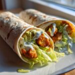 Two savory Chicken Tender Garlic Wraps filled with crispy chicken, lettuce, and white sauce, served on a white plate.
