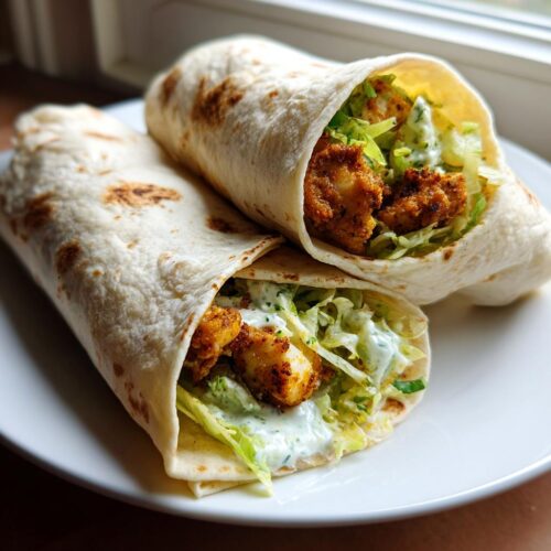 Two savory Chicken Tender Garlic Wraps filled with seasoned chicken, lettuce, and white sauce, resting on a white plate.