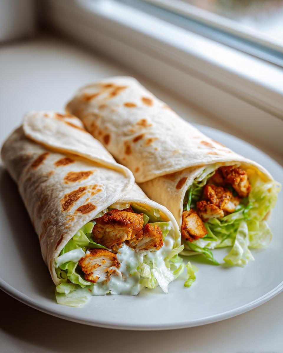 Two freshly made Chicken Tender Garlic Wraps filled with seasoned chicken, lettuce, and creamy sauce on a white plate.