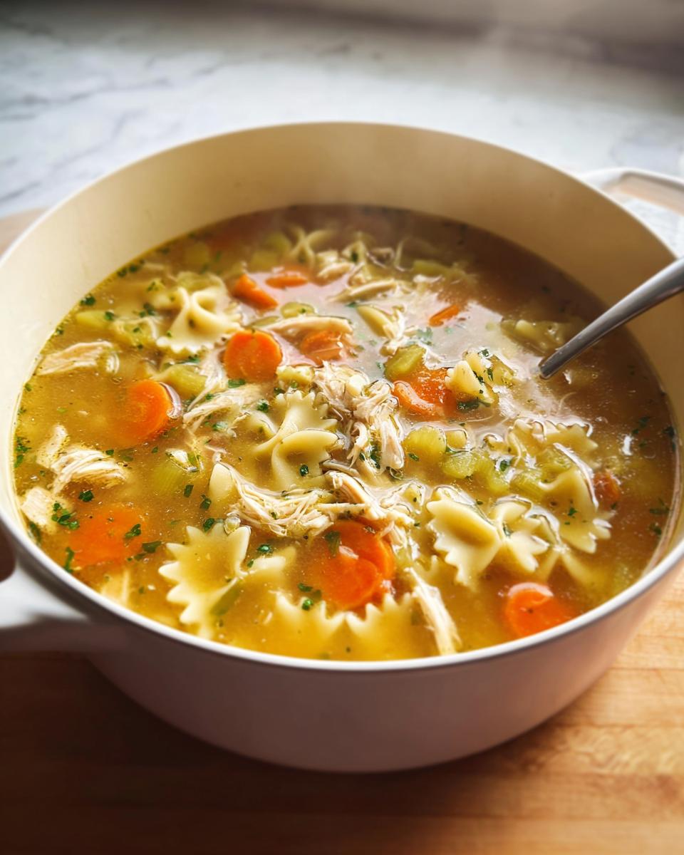 Close-up of steaming Chicken & Turkey Soup filled with shredded chicken, carrots, celery, and bowtie pasta in a white pot.