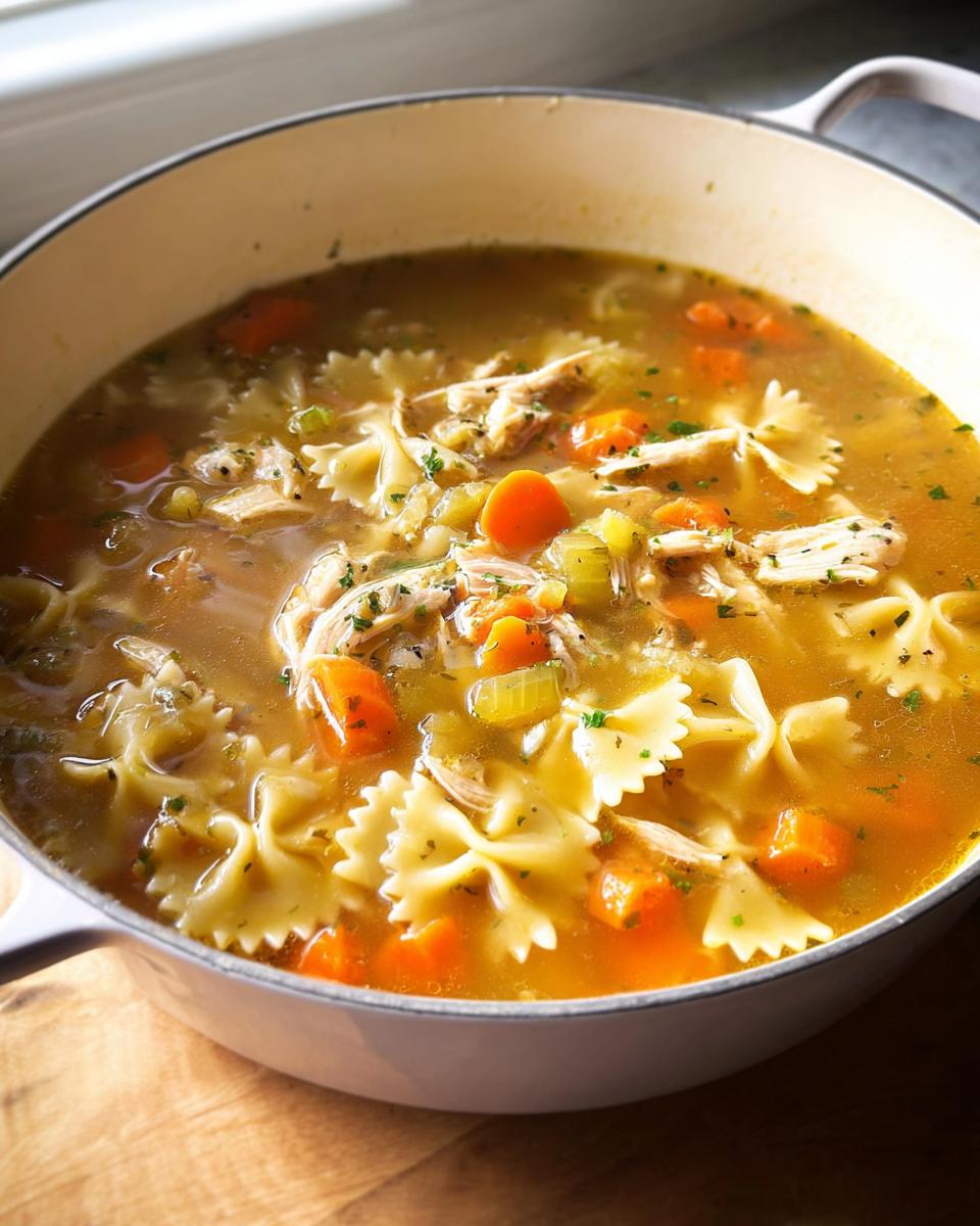 Close-up of rich Chicken & Turkey Soup with bowtie pasta, shredded meat, carrots, and celery in a white pot.