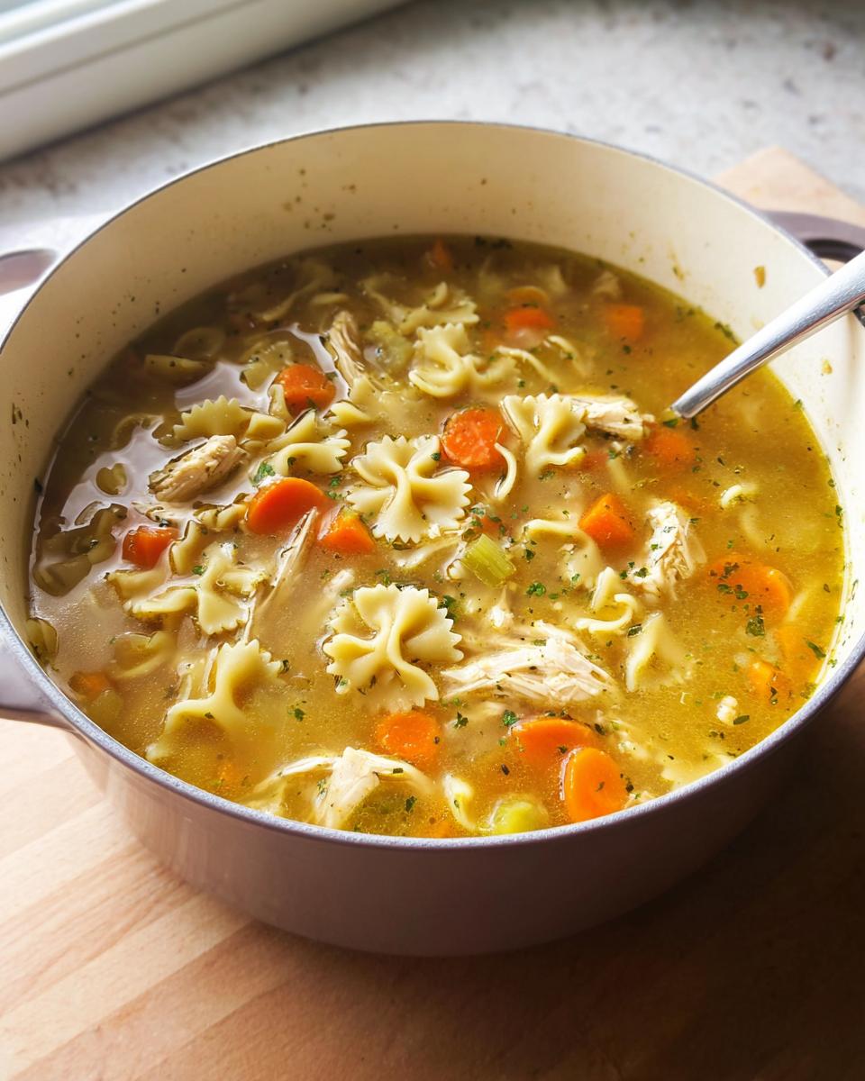 Close-up of a pot filled with rich Chicken & Turkey Soup featuring bowtie pasta, shredded chicken, and herbs.