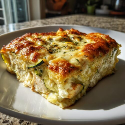 A close-up of a square serving of Chicken Zucchini Casserole with a golden, cheesy crust and visible layers of chicken and zucchini.