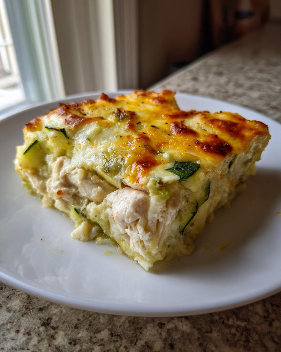 A square slice of baked Chicken Zucchini Casserole with visible chunks of chicken and a golden, melted cheese topping.