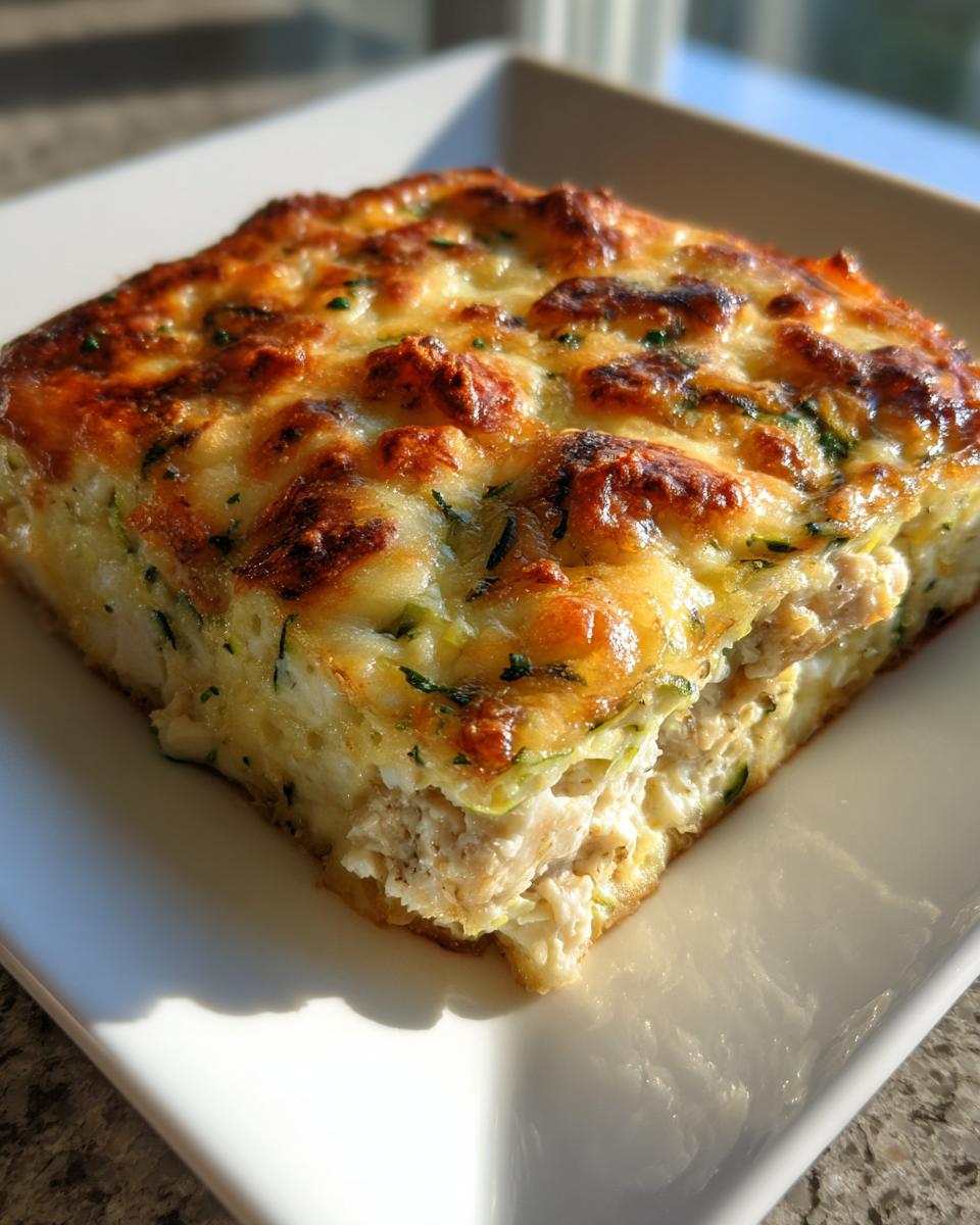 A close-up of a square slice of golden-brown Chicken Zucchini Casserole with melted cheese topping.