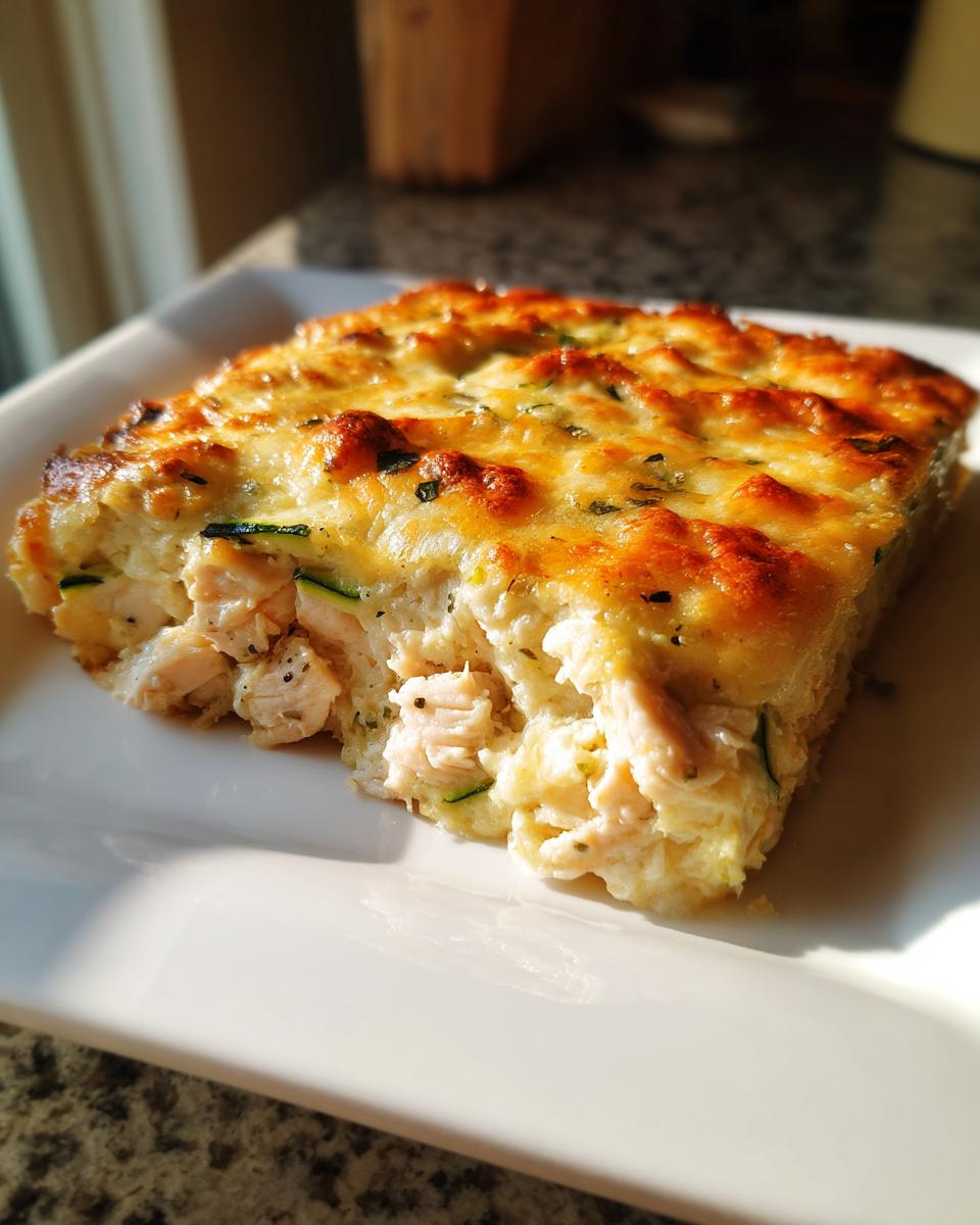 A close-up of a square slice of Chicken Zucchini Casserole with a golden, bubbly cheese topping.
