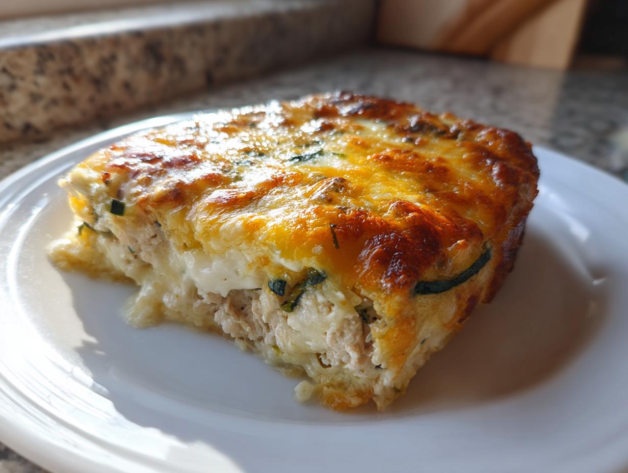 A close-up of a serving of baked Chicken Zucchini Casserole with a golden, melted cheese topping.