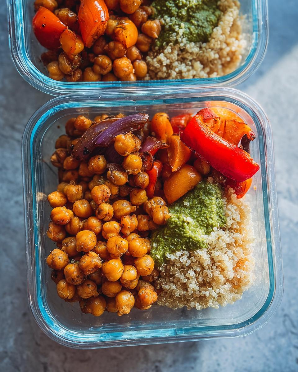 Overhead view of a glass container showing a portion of Chickpea Lunch Meal Prep with roasted chickpeas, quinoa, roasted vegetables, and green sauce.