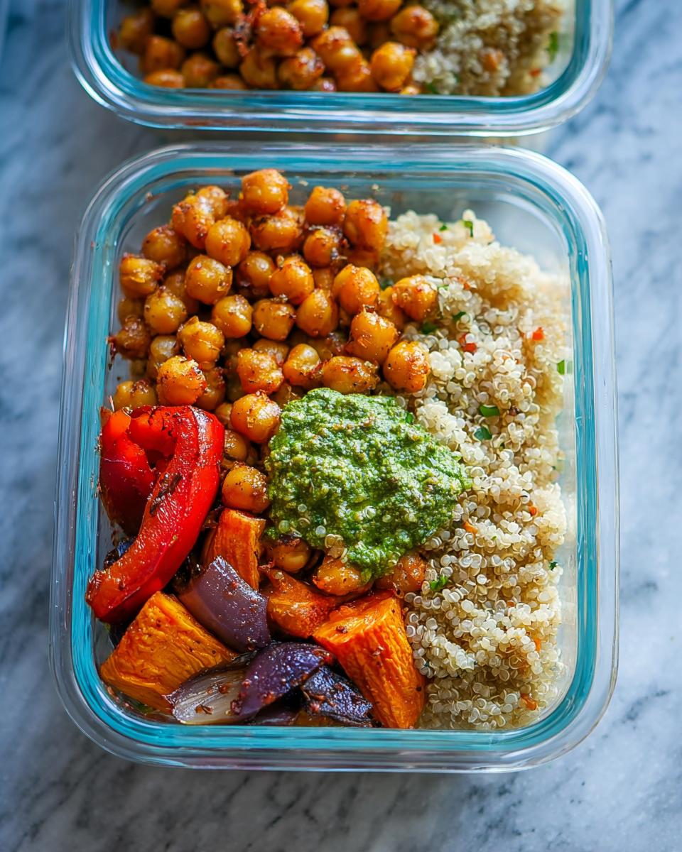 A glass container holding a portion of Chickpea Lunch Meal Prep with roasted chickpeas, quinoa, roasted vegetables, and green pesto.
