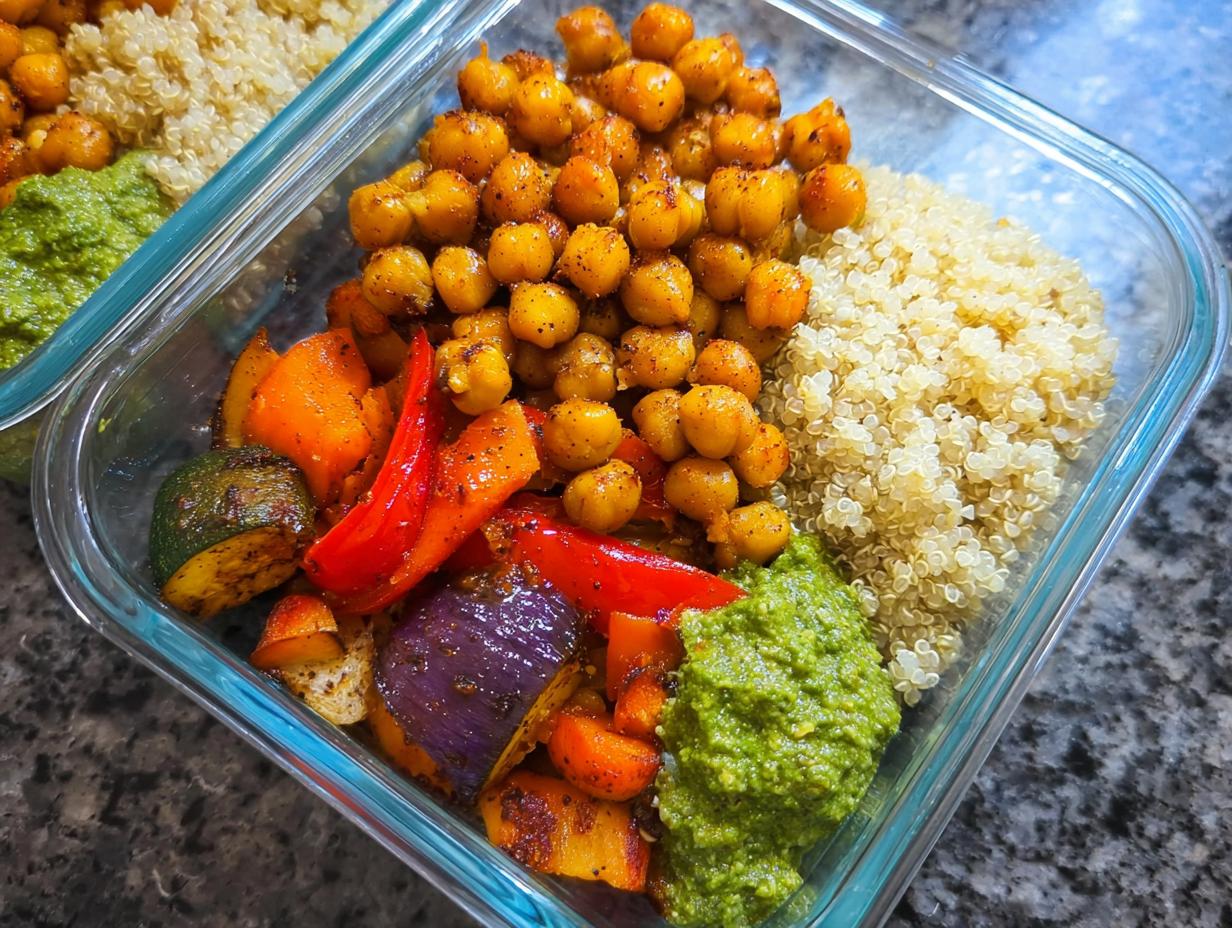A glass container showing a portion of a Chickpea Lunch Meal Prep with roasted seasoned chickpeas, quinoa, roasted vegetables, and green pesto.