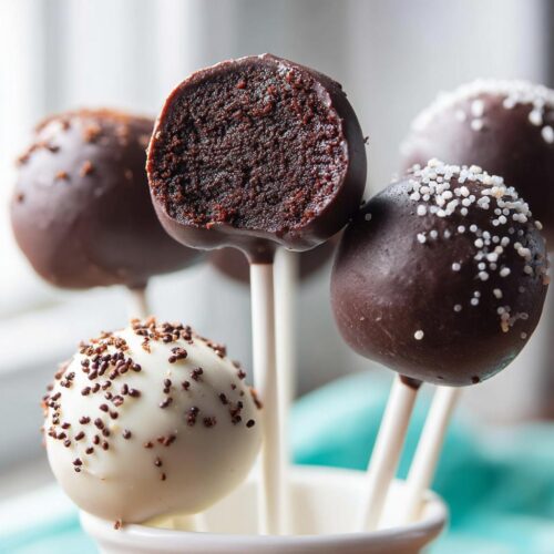 A close-up of several Chocolate Cake Pops, one showing a rich, dark interior cake texture.
