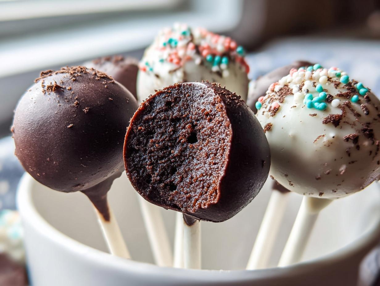 Close-up of homemade Chocolate Cake Pops, one cut in half showing the rich interior texture.