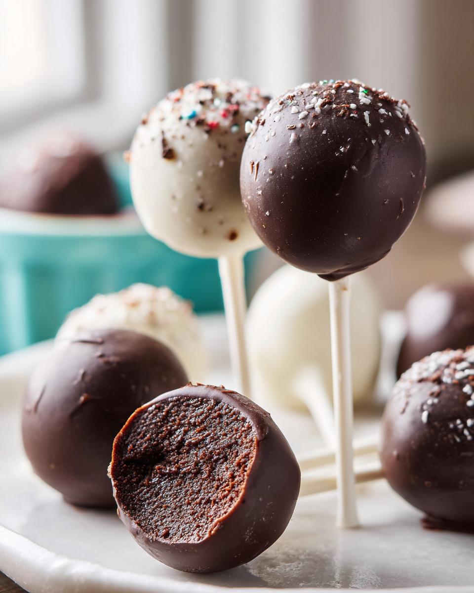 A close-up of several Chocolate Cake Pops, one cut in half revealing the dense interior.