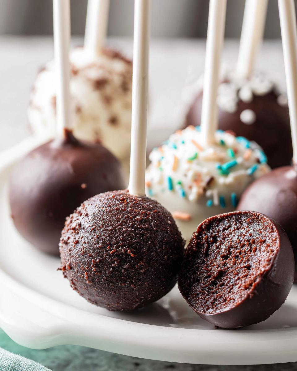 A close-up view of several chocolate cake pops, one cut in half showing the moist interior, alongside white-dipped cake pops.