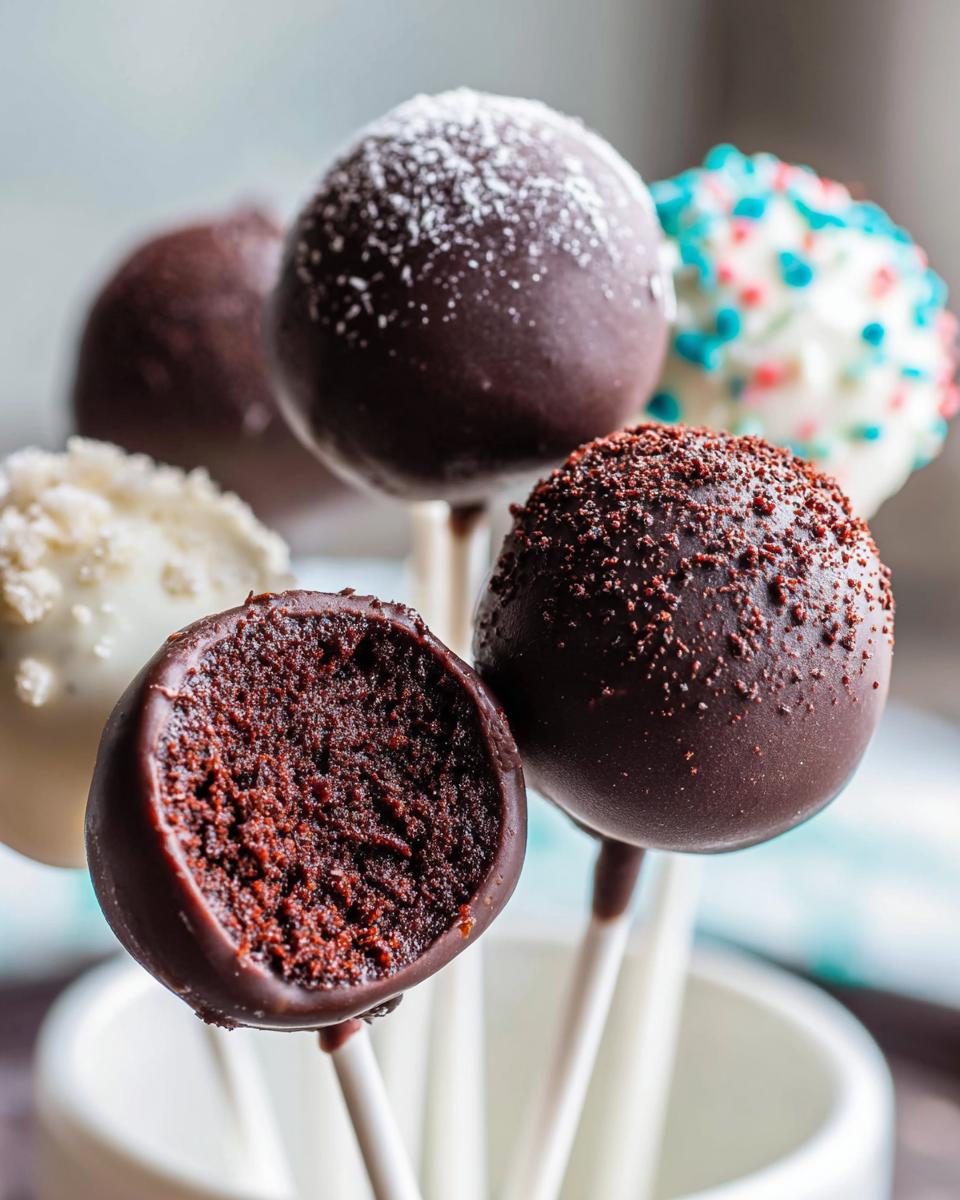 A close-up of several Chocolate Cake Pops, one cut in half showing the rich, dark cake center.