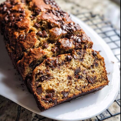 A freshly baked loaf of Chocolate Chip Banana Bread, partially sliced on a white platter.