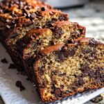 A loaf of freshly baked Chocolate Chip Banana Bread, sliced to show the moist interior packed with chocolate chips.