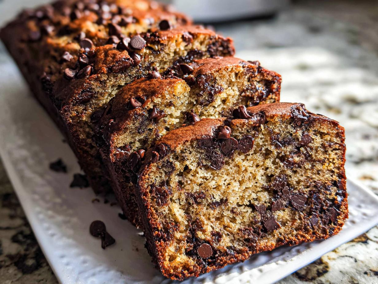A loaf of freshly baked Chocolate Chip Banana Bread, sliced to show the moist interior packed with chocolate chips.
