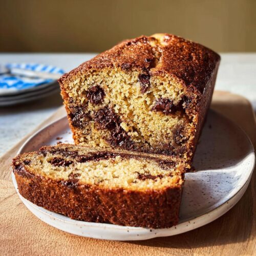 A freshly baked loaf of Chocolate Chunk Banana Bread, with one thick slice cut and resting in front.